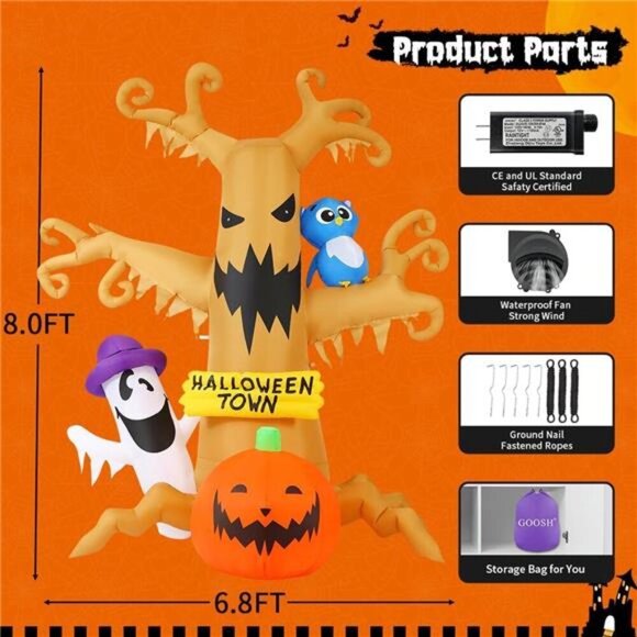 8 FT Halloween Inflatables Dead Tree Outdoor Decorations Blow Up Yard Owl Ghosts - Picture 6 of 7